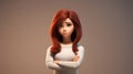Serious Red-Haired Cartoon Woman With Thinking Pose. Generative AI