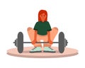 Red haired concentrated cartoon girl lifting weights at gym vector