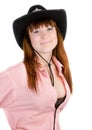 Red haired cowgirl in black hat Royalty Free Stock Photo