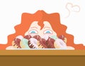 Red-haired curly girl looks forward to a meal of fresh and sweet donuts on a plate