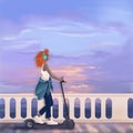 A red-haired cute girl in turquoise headphones rides an electric scooter along the sea promenade. Travel leisure concept