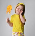 red-haired cutie in a yellow blouse and a headband, is touched and happy with her matchmaker - she was presented with a