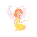 Red-haired fairy sitting and spreading pixie dust using magic wand. Fantasy fairytale character. Cartoon smiling girl Royalty Free Stock Photo