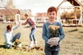 Red-haired father with beard giving five to his daughter