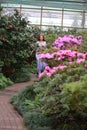 Red-haired girl in arranger where azalea blooms in a colorful flying dress Royalty Free Stock Photo