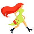 Red-haired girl with a bag goes. vector illustration