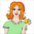 Red-haired girl with birds Royalty Free Stock Photo