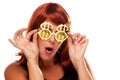 Red Haired Girl with Bling-Bling Dollar Glasses