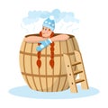 Girl in blue hat and mittens in hot wooden barrel. Outdoors spa concept. Isolated vector illustration on white background Royalty Free Stock Photo