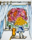 Red-haired girl with curly hair next to a red cat, they look out the window watercolor drawing, illustration