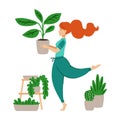 Red haired girl dancing with a flower pot in her hands. A woman takes care of houseplant. Crazy plant lady.