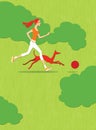 Red-haired girl with a red dog running along the green field behind a red ball. Summer. Fitness Royalty Free Stock Photo