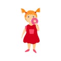 Red haired girl eating donut. Happy childhood concept. Isolated vector illustration on white background. Royalty Free Stock Photo