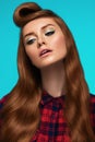 Red-haired girl, freckled face, trendy makeup and hairstyle Royalty Free Stock Photo