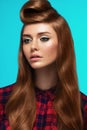 Red-haired girl, freckled face, trendy makeup and hairstyle Royalty Free Stock Photo