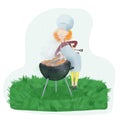 Red-haired girl in glasses makes a barbecue on the lawn