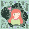 Red-haired girl in green jersey with dotted pattern. Gardening and planting hobby for children