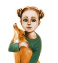 Red-haired girl holding a fox in her arms. Cartoon illustration. Royalty Free Stock Photo