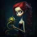 Red Haired Girl Holding A Green Ghost - Vray Style Grotesque Characters