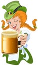 Red haired girl leprechaun holding a glass beer mug