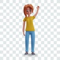 Red haired girl raised her hand. Female character attracts attention, asks questions Royalty Free Stock Photo