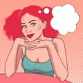 Red-haired girl resting her elbows on the table with a flirtatious look with a cloud for inscriptions. In the style of pop art.