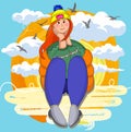 red-haired girl sits on a cloud and dreams Royalty Free Stock Photo