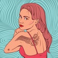 Red-haired girl turned her back with a tattoo of wings. Royalty Free Stock Photo