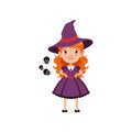 Red-haired girl witch wearing purple dress and hat. Kid character in costume surrounded with black silhouettes of skulls Royalty Free Stock Photo