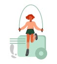 Red haired handsome cartoon girl jumping on jump rope vector