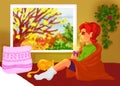 Red haired happy girl sitting by window on a bed with ginger cat wrapped in plaid with a cup of tea in autumn. Hand Royalty Free Stock Photo