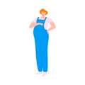 Happy pregnant woman in blue denim overalls caressing her belly. Vector illustration in the flat cartoon style