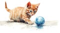 Red-haired kitten plays with a blue ball. Illustration aquarelle of a playful cat on white background. AI Generated Royalty Free Stock Photo