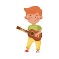Red Haired Little Boy Playing Guitar Vector Illustration