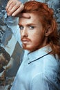 Red-haired man in white shirt metrosexual. Royalty Free Stock Photo