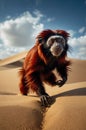 Red Uakari Monkey in Desert Landscape: Majestic Primate on Sand Dunes Royalty Free Stock Photo