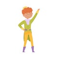 Red Haired Prince with Golden Crown Wearing Carnival Suit and Waving Hand Vector Illustration