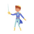 Red Haired Prince with Golden Crown Wearing Dressy Costume Doing Fencing Vector Illustration