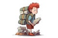 Red-haired schoolboy with a backpack and books on a white background, cartoon illustration. Generative AI