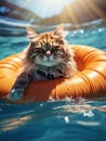 A red-haired serious cat is swimming in the pool on a lifebuoy. Generated by AI