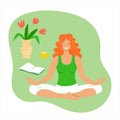 Red-haired smiling girl meditates in lotus position. Woman in sportswear doing yoga at home online. Concept for yoga and pilates