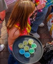 A Red haired waitress carries tray of jellow shots - top view Kansas City MO USA May 5 2011 Royalty Free Stock Photo