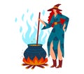 Red-haired witch in blue cloak stirring cauldron over fire. Magic potion brewing with smoke. Fantasy and Halloween
