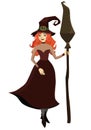 Red-haired witch with a broom in his hand. Isolate on white background. Vector illustration