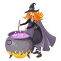 Red-haired witch making magical potion in a cauldron. Vector illustration isolated on white.