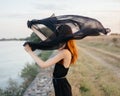 Red-haired woman black veil nature posing Royalty Free Stock Photo