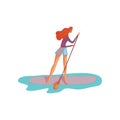 Woman stands on the board and paddles rowing. Vector illustration on white background.