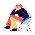 A red-haired woman in colorful pants thoughtfully sitting on the grey chair. Vector illustration in the flat cartoon