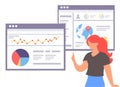 Red-haired woman gesturing, making web analytics, analysing charts, diagram, statistic of site using Royalty Free Stock Photo