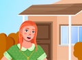 Red haired young girl video blogging on the private house background. Video chatting, streaming